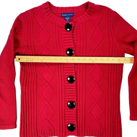 Karen Scott Cardigan Sweater Womens S Red Chunky Cable Knit Granny Cozy Academia - Picture 10 of 16